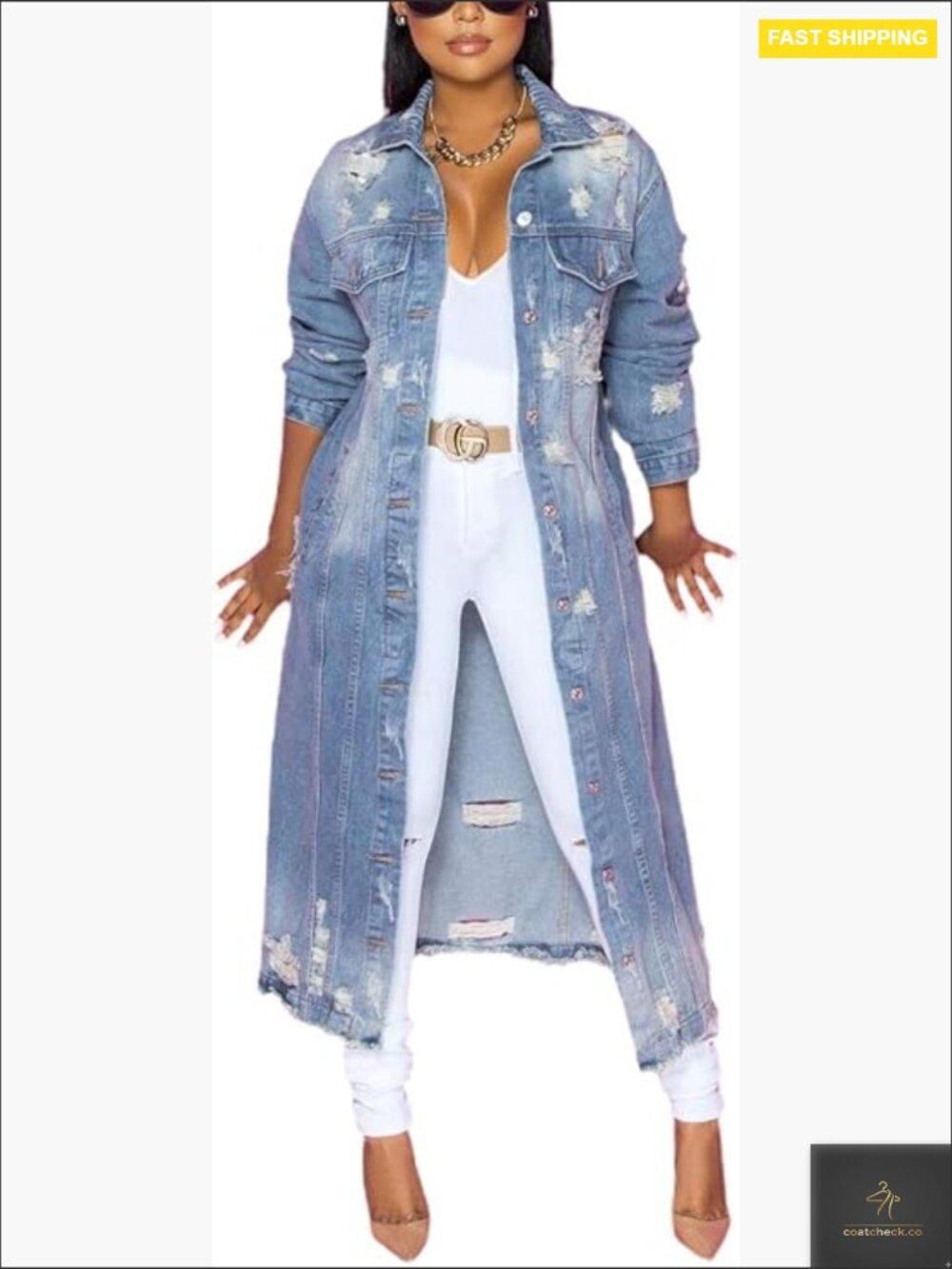 Ripped Holes Maxi Long Denim Jacket Trench Coat Spring Fashion Oversized Vintage